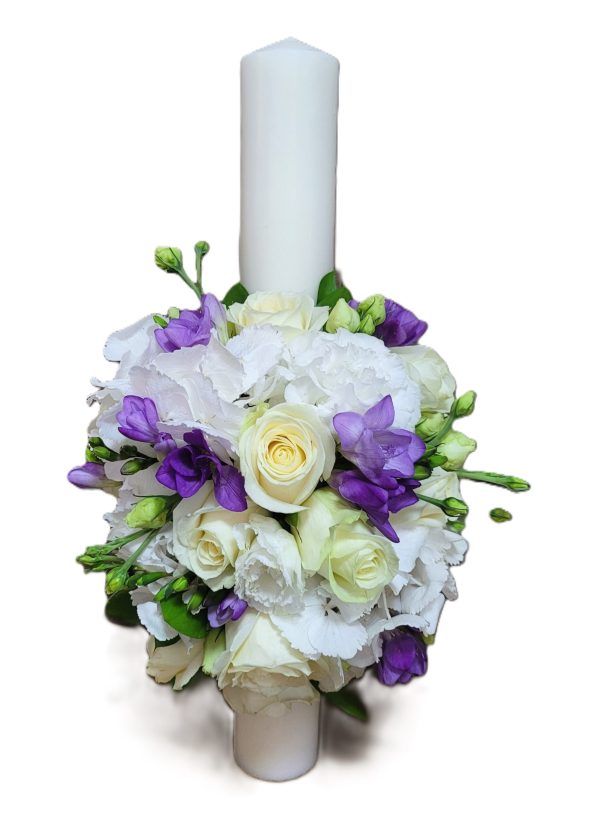 LUMANARE DE BOTEZ CU TRANDAFIRI, HORTENSII SI FREZII MOV