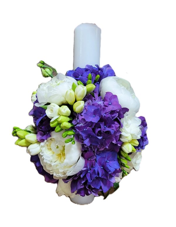 LUMANARE DE BOTEZ CU BUJOIRI, FREZII SI HORTENSII MOV