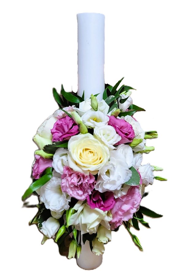 LUMANARE DE BOTEZ ROZ GINGAS CU TRANDAFIRI SI LISIANTHUS