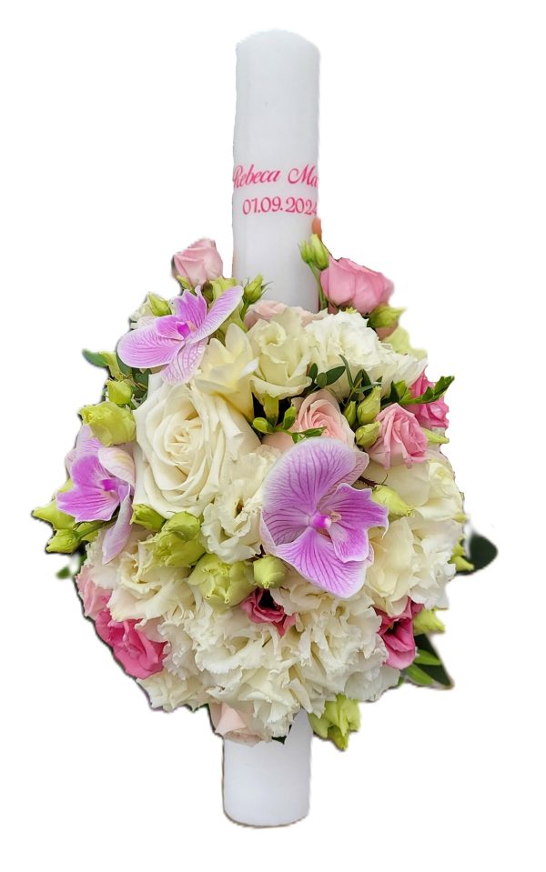 LUMANARE DE BOTEZ DIAFANA CU TRANDAFIRI, ORHIDEE SI LISIANTHUS
