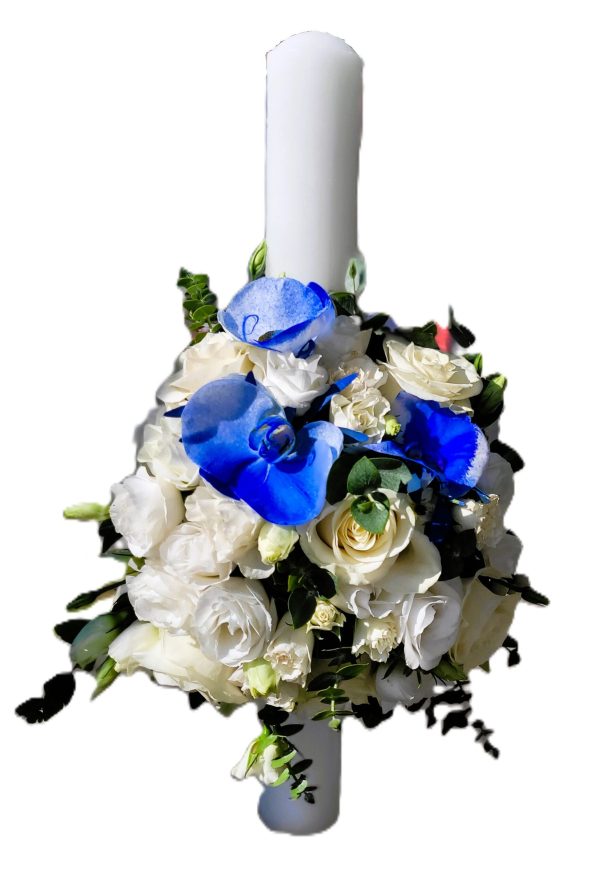 LUMANARE DE BOTEZ PURITATE ALBASTRA CU TRANDAFIRI, LISIANTHUS SI ORHIDEE