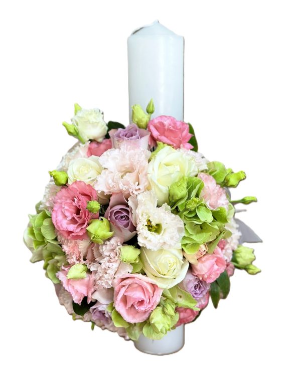 LUMANARE DE BOTEZ PASTEL REGAL CU TRANDAFIRI, LISIANTHUS SI HORTENSII