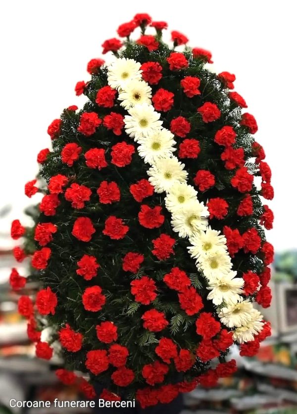 COROANA CLASICA MARE CU GAROAFE ROSII SI GERBERA ALBE
