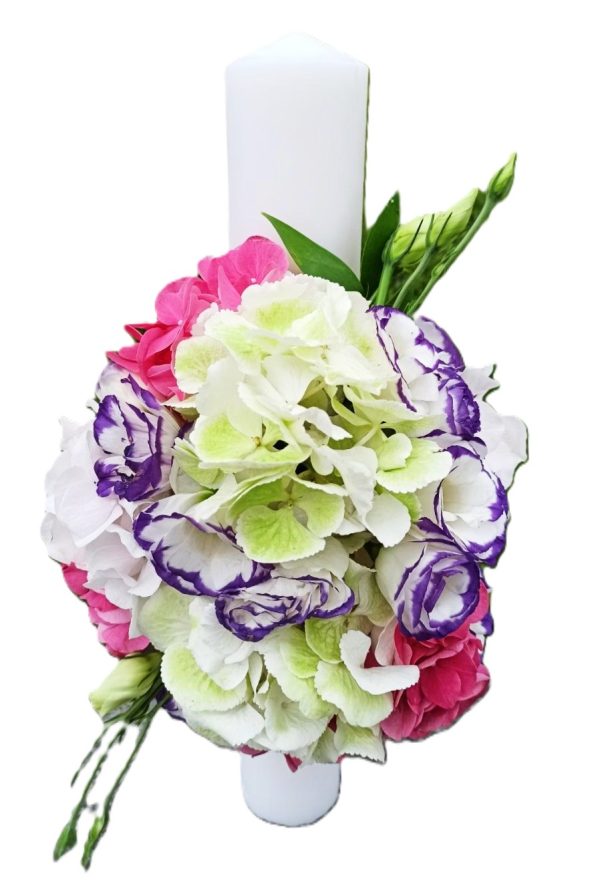 LUMANARE DE BOTEZ BUCURIE COLORATA CU HORTENSII SI LISIANTHUS