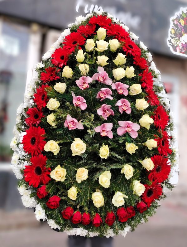 COROANA CLASICA MARE CU TRANDAFIRI, GERBERA, ORHIDEE SI CRIZANTEME