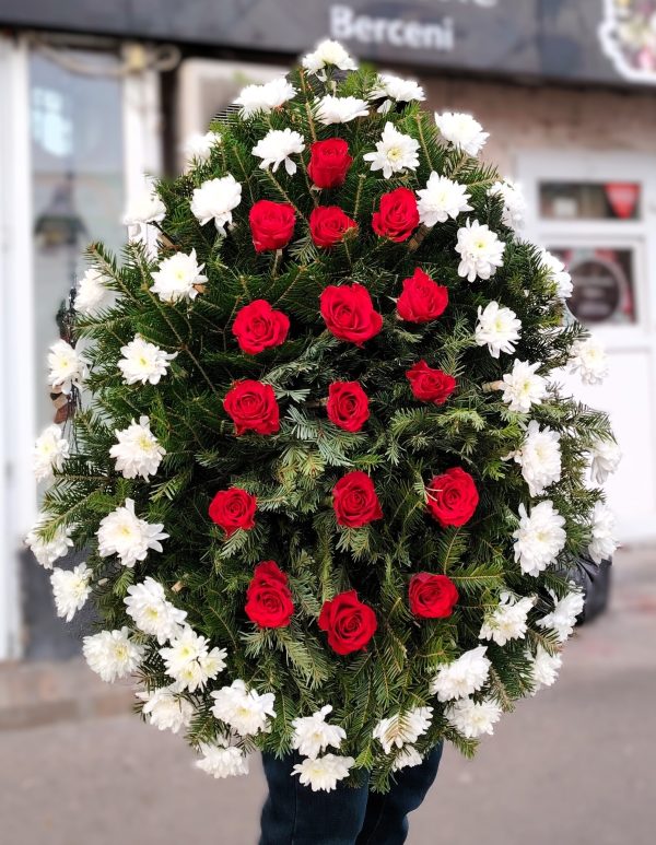 COROANA CLASICA CU TRANDAFIRI SI CRIZANTEME