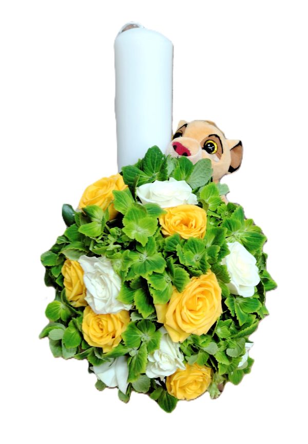 LUMANARE DE BOTEZ ZAMBET DE SOARE CU TRANDAFIRI SI GERANIUM