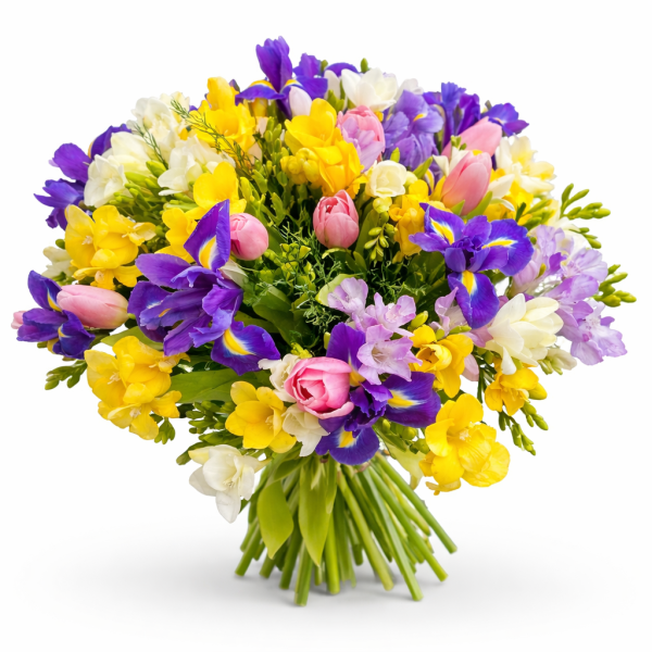 BUCHET COLORAT DE PRIMĂVARĂ CU IRIȘI, FREZII ȘI LALELE