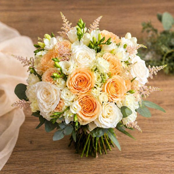 BUCHET DE NUNTĂ ELEGANT ÎN NUANȚE CALDE DE PIERSICĂ ȘI IVORY CU TRANDAFIRI